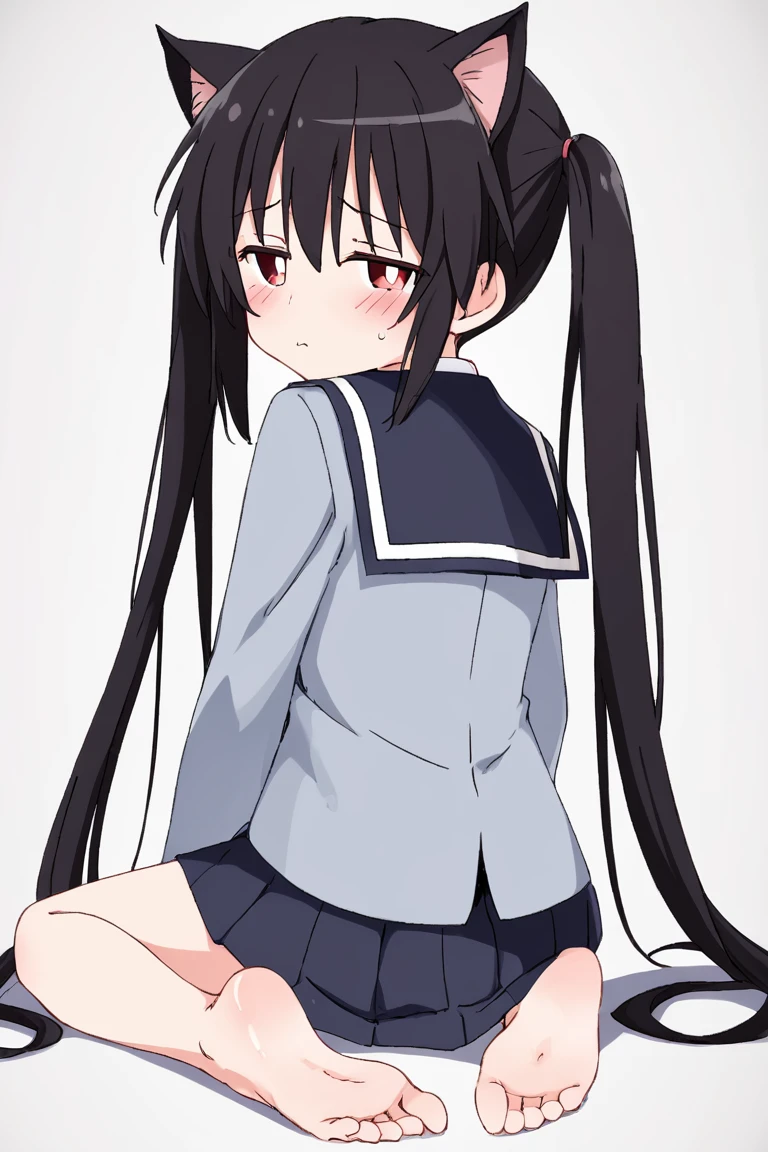 cowboy shot,thin legs,standing,(young girl:1.2),(tiny girl:1.2),(skinny girl:1.0),front shot,small breast,long twin tails,black hair,(white panty:1.0),(navy colored sailor uniform1.0), (navy colored skirt:1.0),white knee socks,burst out skirt,up skirt,panty shot,from directly below,ground level shot