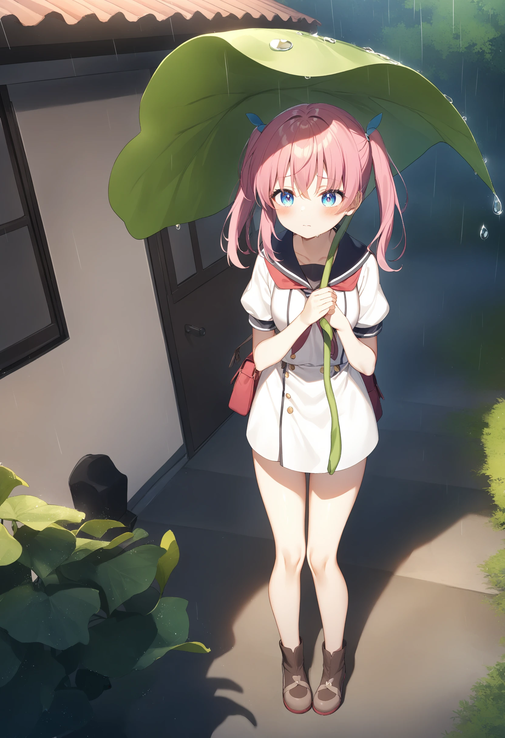 1girl,sincos, ningen mame, toosaka asagi,solo,medium breasts,
leaf umbrella, holding leaf, water drop, rain, outdoors, <lora:leafumbrella_XL_v1:0.8>
ceiling, full body, looking ahead, pink hair, white eyes,facepalm, outdoors stairs, closed mouth, two side up hair,,
best quality, very aesthetic, absurdres