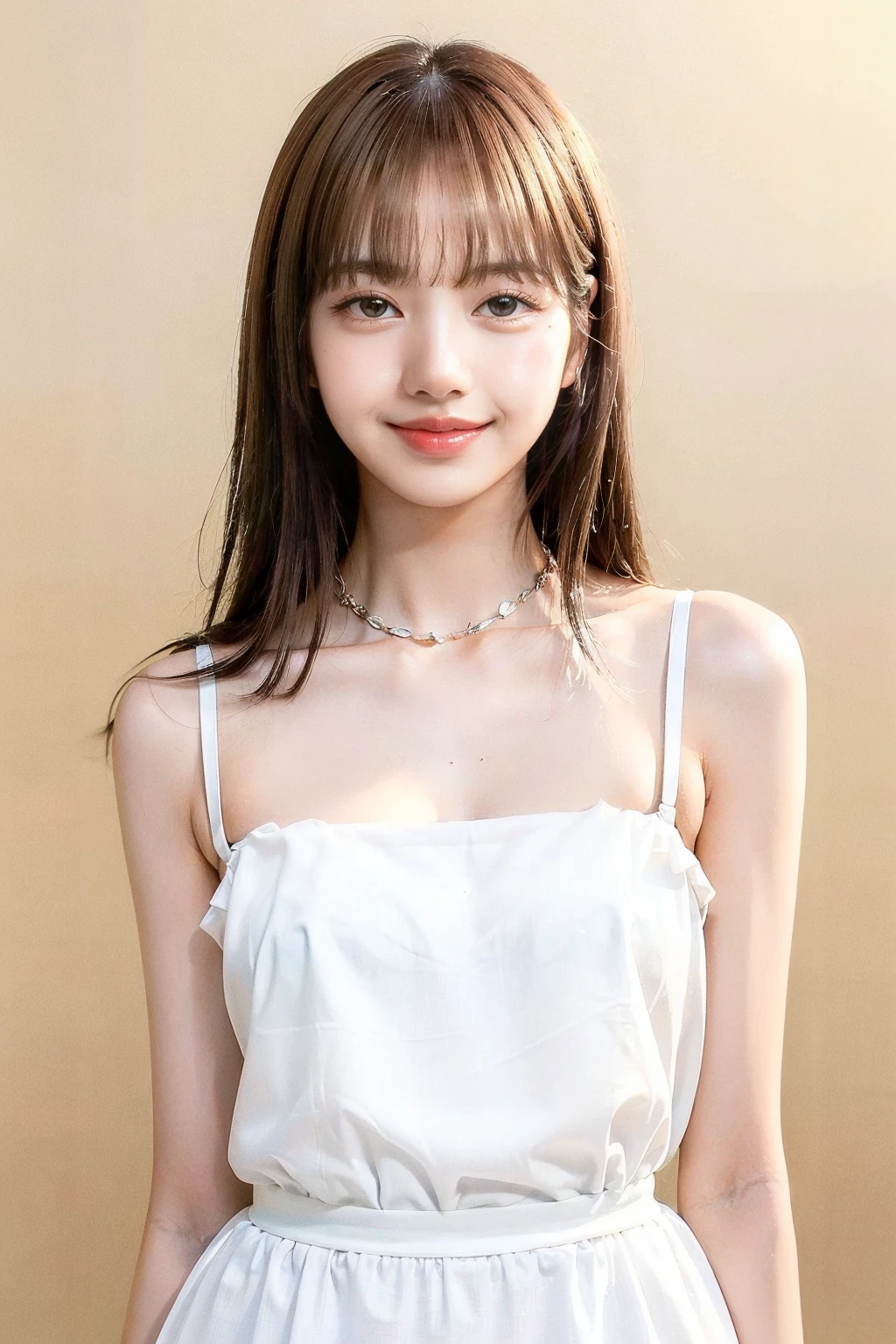 masterpiece,best quality,realisic skin details,portrait,upper body,cute girl,looking to the viewer,asian,pale skin,beautiful,simple background,looking at viewer,white outfit,lisa,<lora:Lisa-v1:0.9>,blunt bangs,bangs,brown hair,smile,