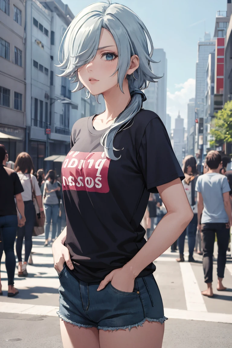 masterpiece, best quality, absurdres, 1girl, solo, MonikaGlint, hair over one eye, low ponytail, t-shirt, denim shorts, standing, outdoors, city, hands in pockets, <lora:MonikaGlint:1>