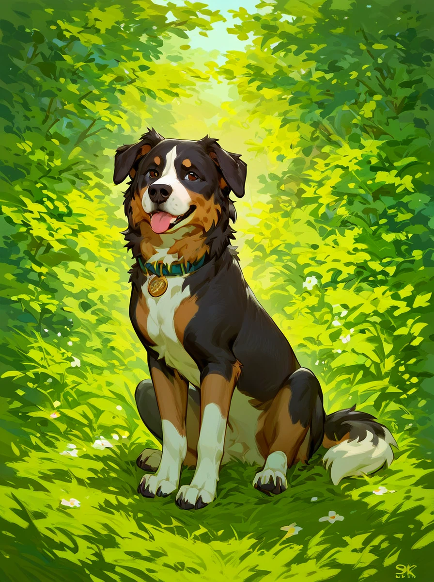 score_9, score_8_up, score_7_up, PDXL,  <lora:Bernese_0010:1>, ((animal, dog)), bernese mountain dog, sitting on grass, viewed from front