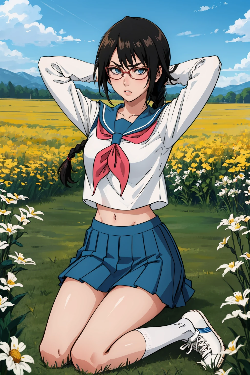 masterpiece, best quality, 1girl,  <lora:yadoumarulisa-nvwls-v1-000010:0.9> yadoumarulisa, single braid, glasses, serafuku, long sleeves, blue skirt, pleated skirt, midriff, seiza, socks, white sneakers, black socks, arms behind head, field, blue sky, looking at viewer, furrowed brow