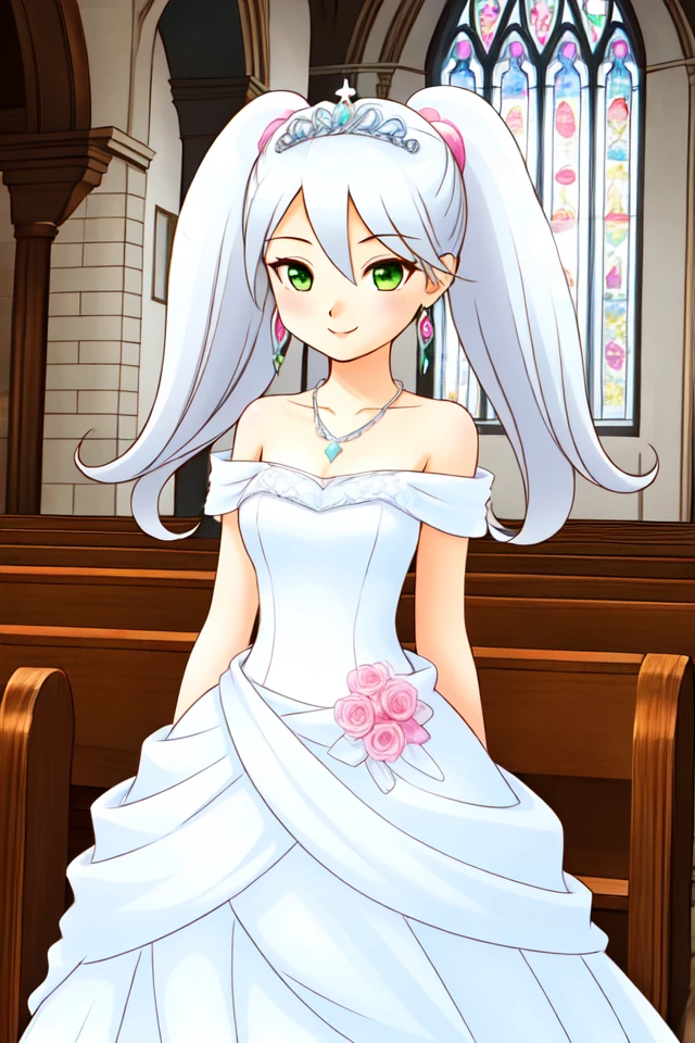 1 girl, indoors, church, standing, smile,
<lora:Harvest_Moon_Hero_of_Leaf_Valley_-_Alice:0.5> holvalice, white hair, twintails, pink scrunchies, green eyes, earrings, necklace,
tiara, earrings, necklace, wedding dress, white dress, bare shoulders, sleeveless dress,