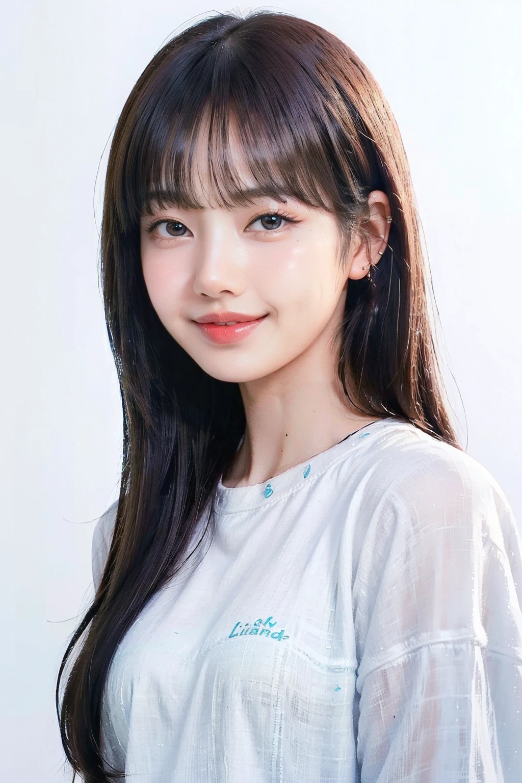 (masterpiece, best quality, high intricate details, realistic skin details, photo realistic),a girl,beautiful,cute,upper body,in a white background,wearing blue shirt,lisa,<lora:Lisa-v1:0.9>,blunt bangs,bangs,smile,