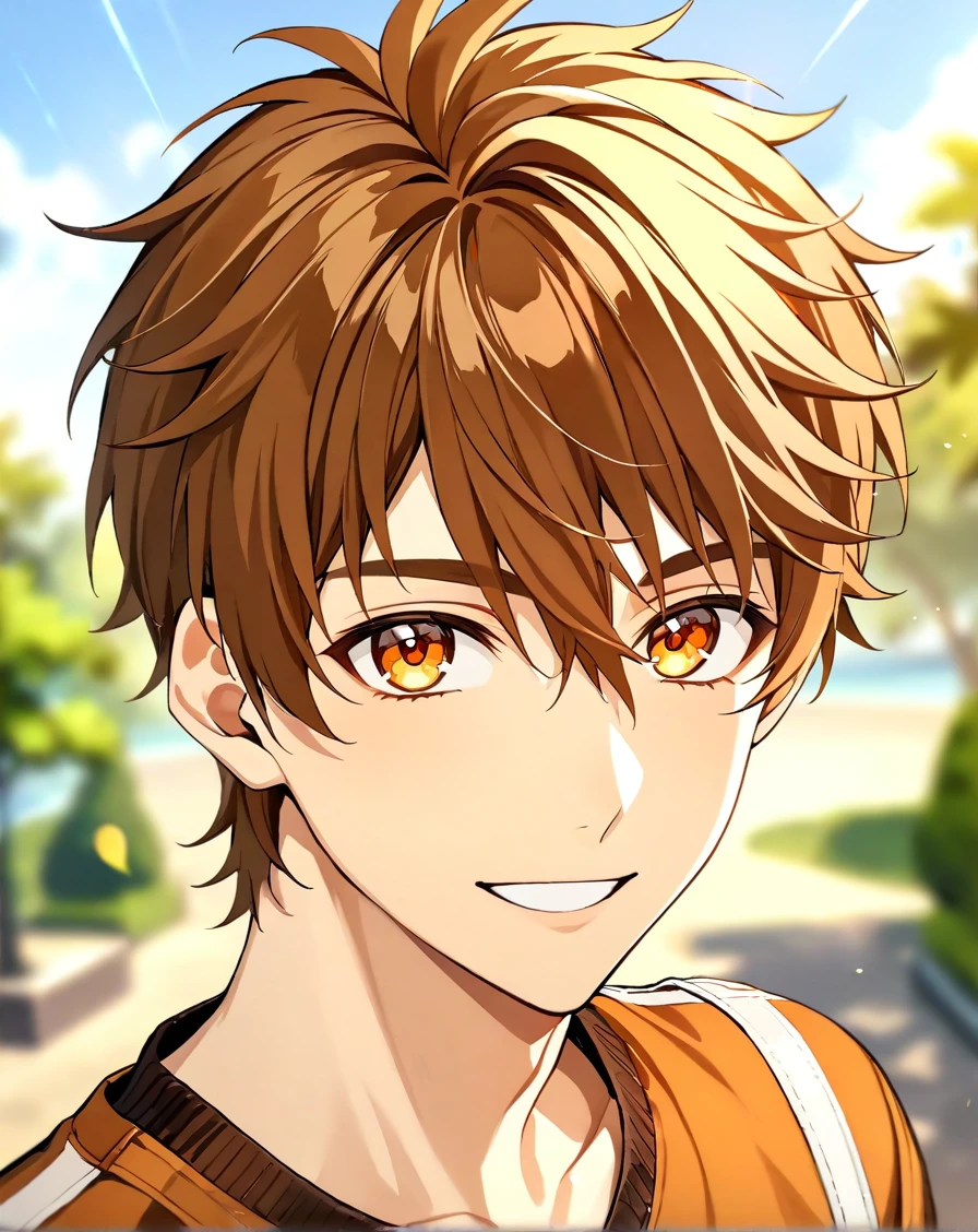 masterpiece, best quality, very aesthetic, absurdres, very detailed, depth of field, ((1boy, solo, male only, male focus, upperbody)), (luke_pearce, 1boy, brown hair, amber eyes, short hair, hair between eyes, bangs), happy, looking at viewer, facing viewer, collarbone, outdoors, <lora:luke_sdxl_lora:0.74>, <lora:Lightning-8:1>