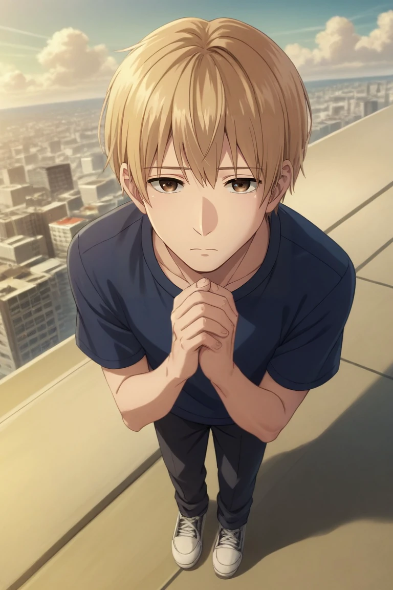 score_9, score_8_up, score_7_up, source_anime, rating_safe, , (realistic:0.6), , , 1boy, solo, male focus, <lora:mugi_awaya_pony:0.82>, mugi_awaya, blonde hair, brown eyes, short hair, bangs, from above, full body, tokyo tower, day, clouds, own hands together, sad, , <lora:sdxl_lightning_8step_lora:1>