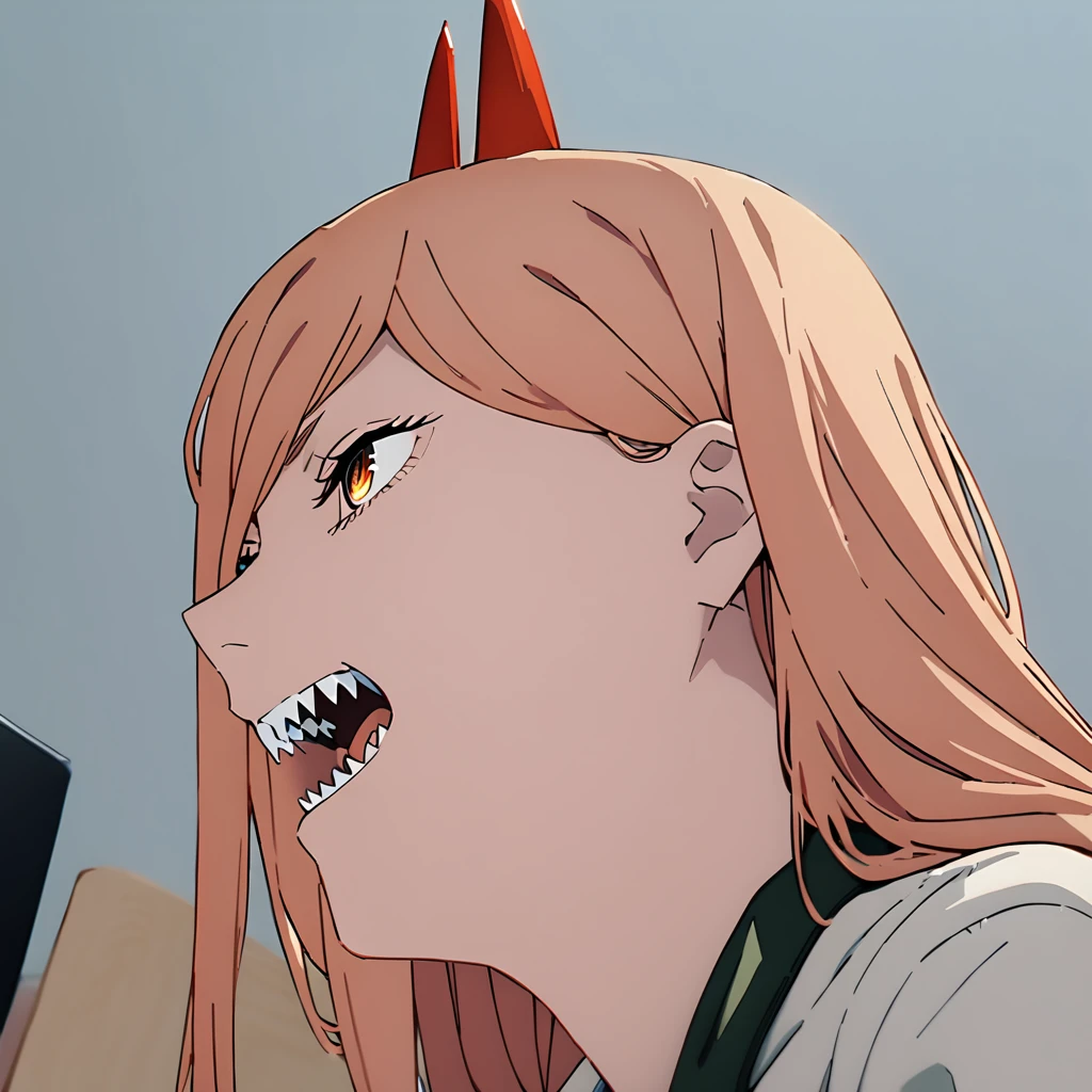 best quality, masterpiece, 1girl, power (chainsaw man), blond hair, red horns, yellow eyes, cross-shaped pupils, face closeup, sharp teeth, <lora:powercsm-000016:1>