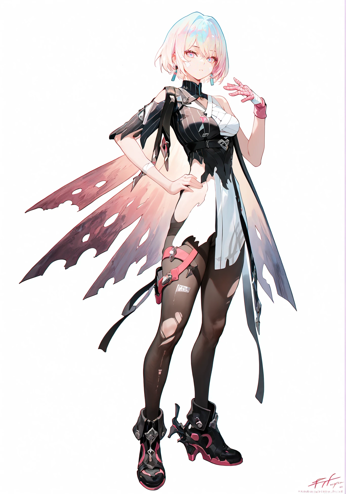score_9, score_8_up, score_7_up, score_6_up, 8k,
8k, best quality, masterpiece, (ultra-detailed:1.1), (high detailed skin),
(full body), ( white background:1.3), standing, looking at viewer, (solo), hand on hip,
<lora:Lantern-pony-Tanger:0.8>, dengsfl, broken clothes, torn clothes, multicolored hair, 1girl, multicolored eyes, bandages, bandaged arm, pantyhose, black footwear, pink gloves, single glove, torn pantyhose, short hair,
(beautiful_face), ((intricate_detail)), clear face,
((finely_detailed)), fine_fabric_emphasis,
((glossy)), full_shot,