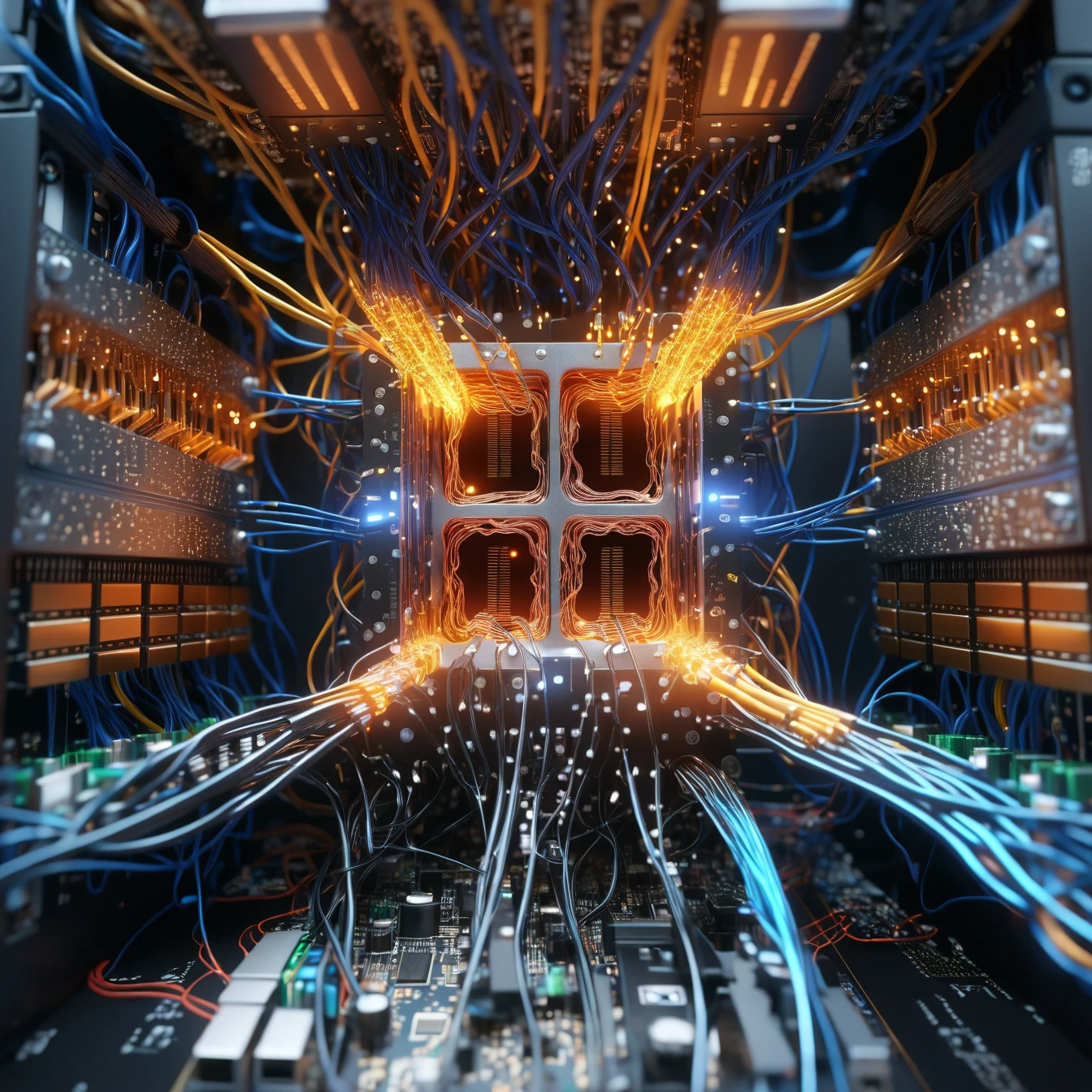 sparks, burning and melting quantum microchip in a supercomputer full with wires and glowing connections, 3d render, highly detailed <lora:sparks-xl:.8>