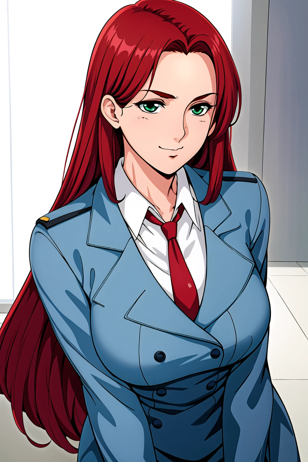 office,
dynamic pose,standing at attention,
military,Blue jacket,white shirt, red necktie,
<lora:Christina_Mackenzie_0080-KK77-V2:0.7>,,blue earrings,jewelry,
green eyes, red hair,Long hair,forehead,
<lora:more_details:0.1>,<lora:Oda_Non_Style-KK77-V2:0.3>,<lora:Sexy_AIart-KK77-V1:0.3>,
1 girl, 20yo,Young female,Beautiful long legs,Beautiful body,
Beautiful Nose,Beautiful character design, perfect eyes, perfect face,expressive eyes,perfect balance,
looking at viewer,(Focus on her face),closed mouth, (innocent_big_eyes:1.0),(Light_Smile:0.3),
official art,extremely detailed CG unity 8k wallpaper, perfect lighting,Colorful, Bright_Front_face_Lighting,White skin,
(masterpiece:1.0),(best_quality:1.0), ultra high res,4K,ultra-detailed,
photography, 8K, HDR, highres, absurdres:1.2, Kodak portra 400, film grain, blurry background, bokeh:1.2, lens flare, (vibrant_color:1.2),professional photograph,
(Beautiful,large_Breasts:1.4), (beautiful_face:1.5),(narrow_waist),