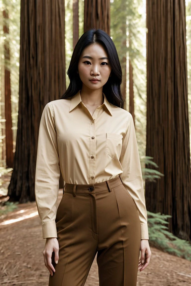 Asian woman, closeup, (shirt), pants, (california redwoods), (), KM_chantana, wide shoulders, perfect face, (contact iris: 1.1), pale skin, skin pores , depth of field