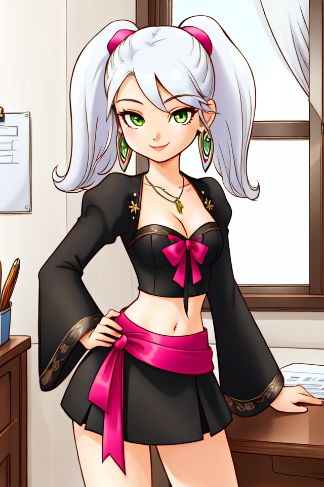 1 girl, indoors, office, desk, standing, smile,
<lora:Harvest_Moon_Hero_of_Leaf_Valley_-_Alice:0.5> holvalice, white hair, twintails, pink scrunchies, green eyes, earrings, necklace,
black crop top, juliet sleeves, long sleeves, brooch, midriff, cleavage, short skirt, black skirt, waist bow, pink bow,