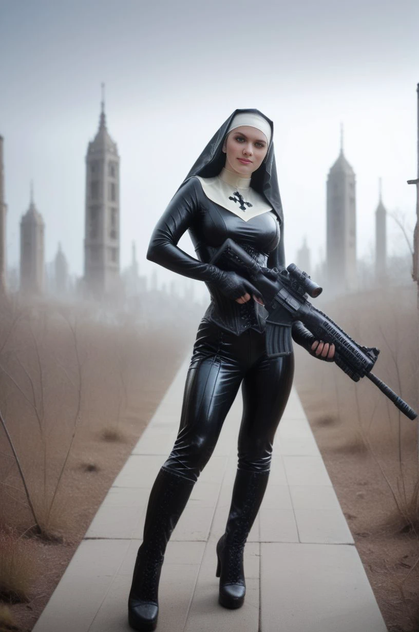 woman,weapon,full body,looking at viewer,smile,(action:1.2),(shell casing:1.2),wasteland,alien environment,dark studio,rim lighting,<lora:add_detail:0.3>,<lora:The_Saints_from_Hitman_for_Pony-000009:1>,thesaints,nun,latex nun,assault rifle,