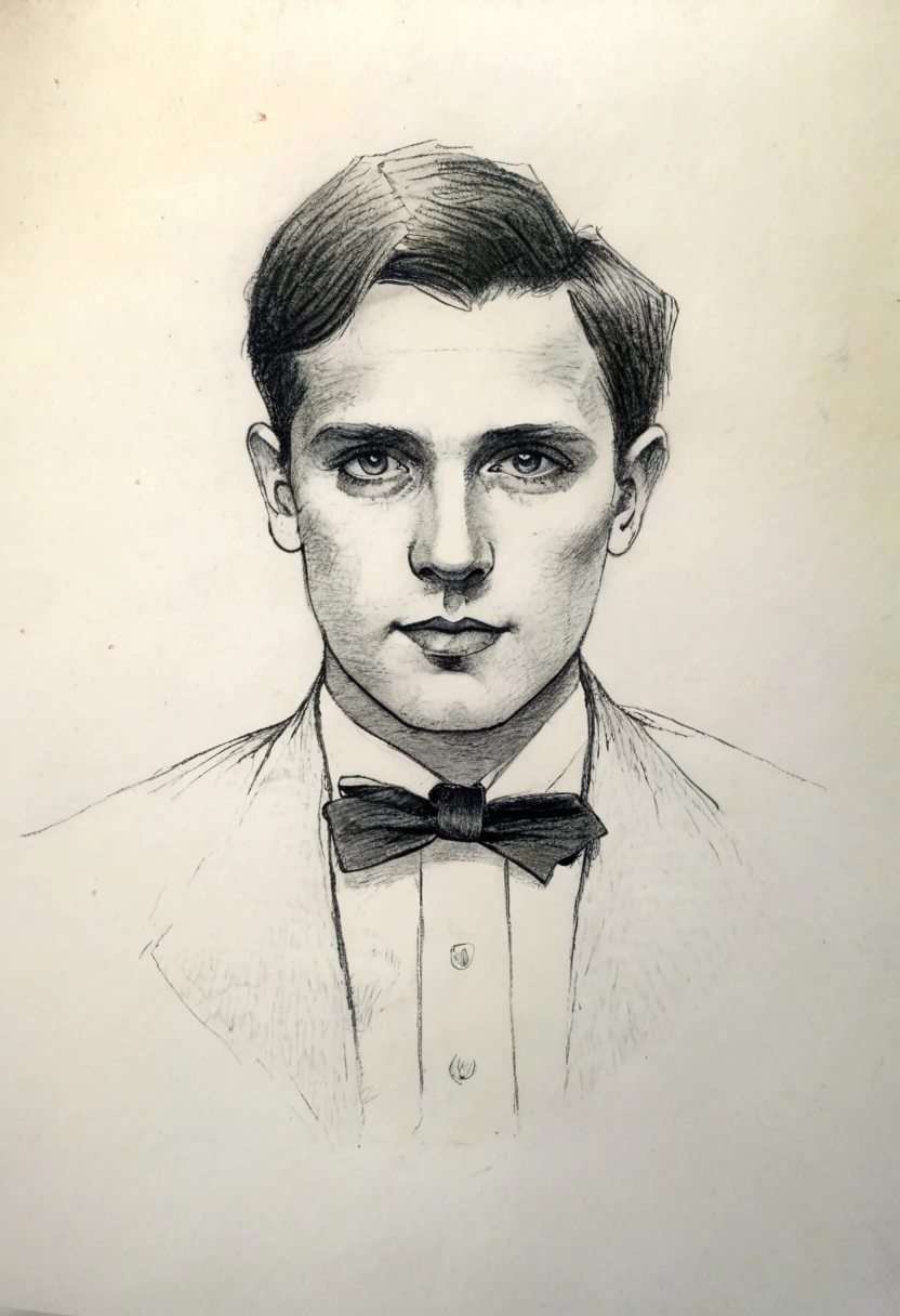 Pencil sketch of a man with a bow-tie, pencil on paper, man wearing white shirt and bow-tie, portrait, front view, serious expression, short hair, shading, sketch, realism, male, drawing, white space, texture, contrast, facial features, mid-tone background.