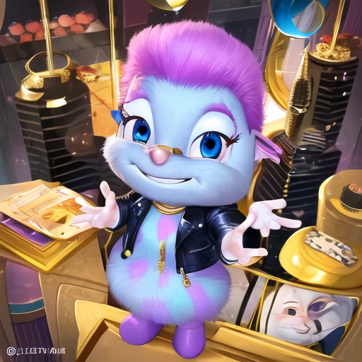 (masterpiece, best quality, absurdres, good face, good anatomy), <lora:Bibble-10:0.8>, avatar icon, Bibble, 1boy, male focus, furry, furry male, small, blue eyes, blue fur, short purple hair, creature, purple polka dot fur, solo, wings, smile, happy, grin, smirk, smug, closed mouth, standing, facing viewer, looking at viewer, upper body, centered, sunglasses, black-framed eyewear, leather jacket, golden chain, rings, diamonds, gold bar, gold bracelet, gangster, gangsta, money, millionare, playboy, rich, dubai, tiktok, instagram, influencer, social network, hot, viral, barbie s, barbie \(franchise\), no humans, album cover