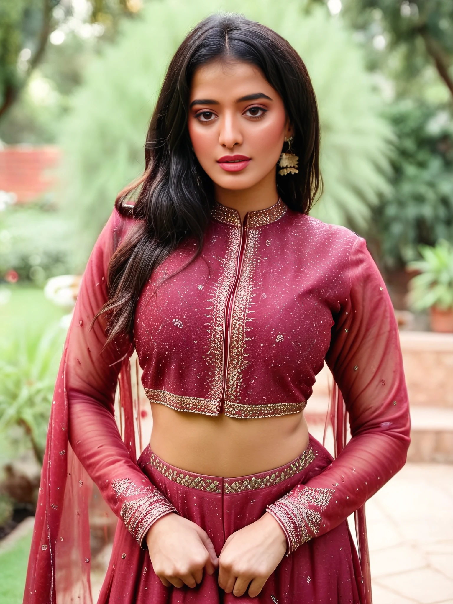 photo of a 30-year-old ketika sharma woman,full body, Crimson colored modest high neck Salwar Kameez, looking at camera, hair tied, soft lighting, outdoors garden in bokeh <lora:Ketika_Sharma_SDXL_LoRA_adafactor:1>