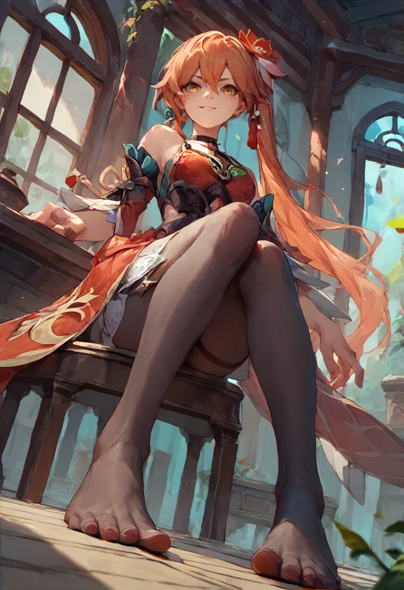 (score_9:1.3), (score_8_up:1.3), (score_7_up:1.3), source_anime, BREAK,
1girl, guinaifen, hair between eyes, bangs, hair flower, hair ornament, long hair, orange hair, side ponytail, yellow eyes, 
blush, smile, 
chinese clothes, detached sleeves, fingerless gloves, red dress, bare shoulders, black pantyhose, toes,
indoors, chinese temple, night, looking at viewer, view from below, feet focus,
[refraction|caustics|rim lights|backlighting|bloom] <lora:GuinaifenXL:1>
