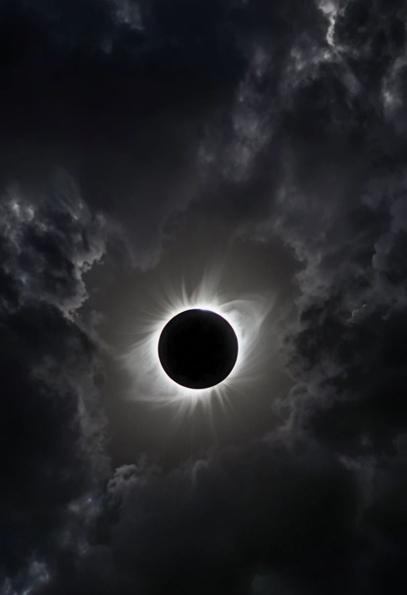 The total solar eclipse, the path of totality, celestial bodies aligned, in the style of Kip Thorne's black hole research visualization, lightning storm, wind blown, dramatic dark background