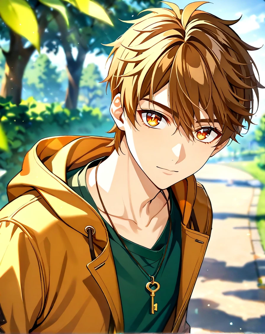 masterpiece, best quality, very aesthetic, absurdres, very detailed, depth of field, ((1boy, solo, male only, male focus, upper body)), (luke_pearce, 1boy, brown hair, amber eyes, short hair, hair between eyes, bangs), symbol-shaped pupils, star-shaped pupils, looking at viewer, facing viewer, green shirt, brown coat, key pendant, collarbone, outdoors, <lora:luke_sdxl_lora:0.74>, <lora:Lightning-8:1>