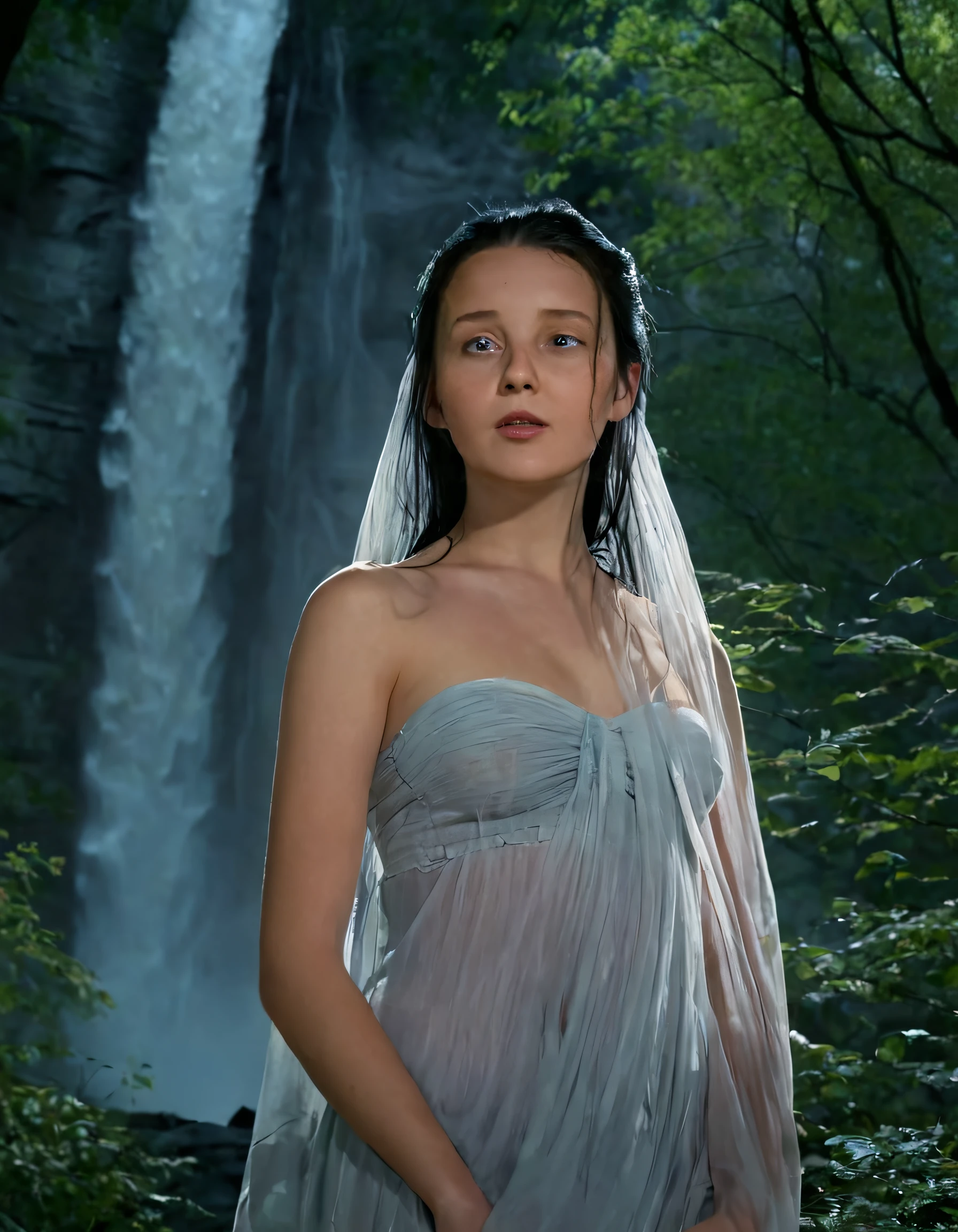 Amidst the enchanted forest, under the moon's silver glow, stands a realistic portrayal of a solitary girl named Morgan. Her raven-black hair cascades down her back in a long, flowing waterfall, framing her delicate features and capturing the essence of the ethereal scene. Her eyes, as deep and mysterious as the forest itself, are filled with a quiet strength that speaks volumes about her inner resilience. The camera, positioned at a low angle, captures her from below, emphasizing her regal stature and the grandeur of her surroundings, while also casting a dramatic shadow beneath her, adding an air of mystery to the image. A soft, melodious wind whispers through the trees, gently stirring her long veil, creating the illusion that she is one with the forest, a guardian of its secrets and beauty. The emotional tone of the scene is one of tranquility and wisdom, as if this young girl, with her timeless elegance and quiet grace, has found harmony within herself and with nature. <lora:knuuqs18fe0cf88bcp577:1>