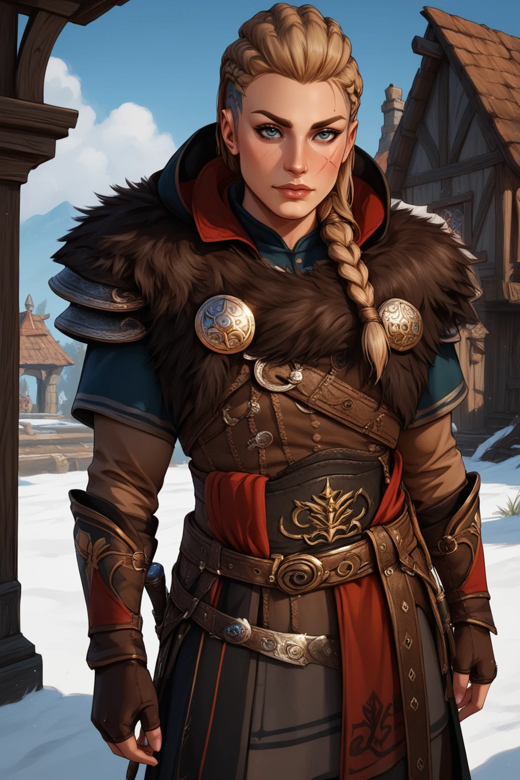 score_9, score_8_up, score_7_up, masterpiece, high quality, BREAK
<lora:AC Valhalla EivorPonyLoRAPonyLoRA:1>eivr, long hair, braid, hair over shoulder, undercut, scar on face, capelet, fur trim, gloves, belt, top, skirt, sash, pants