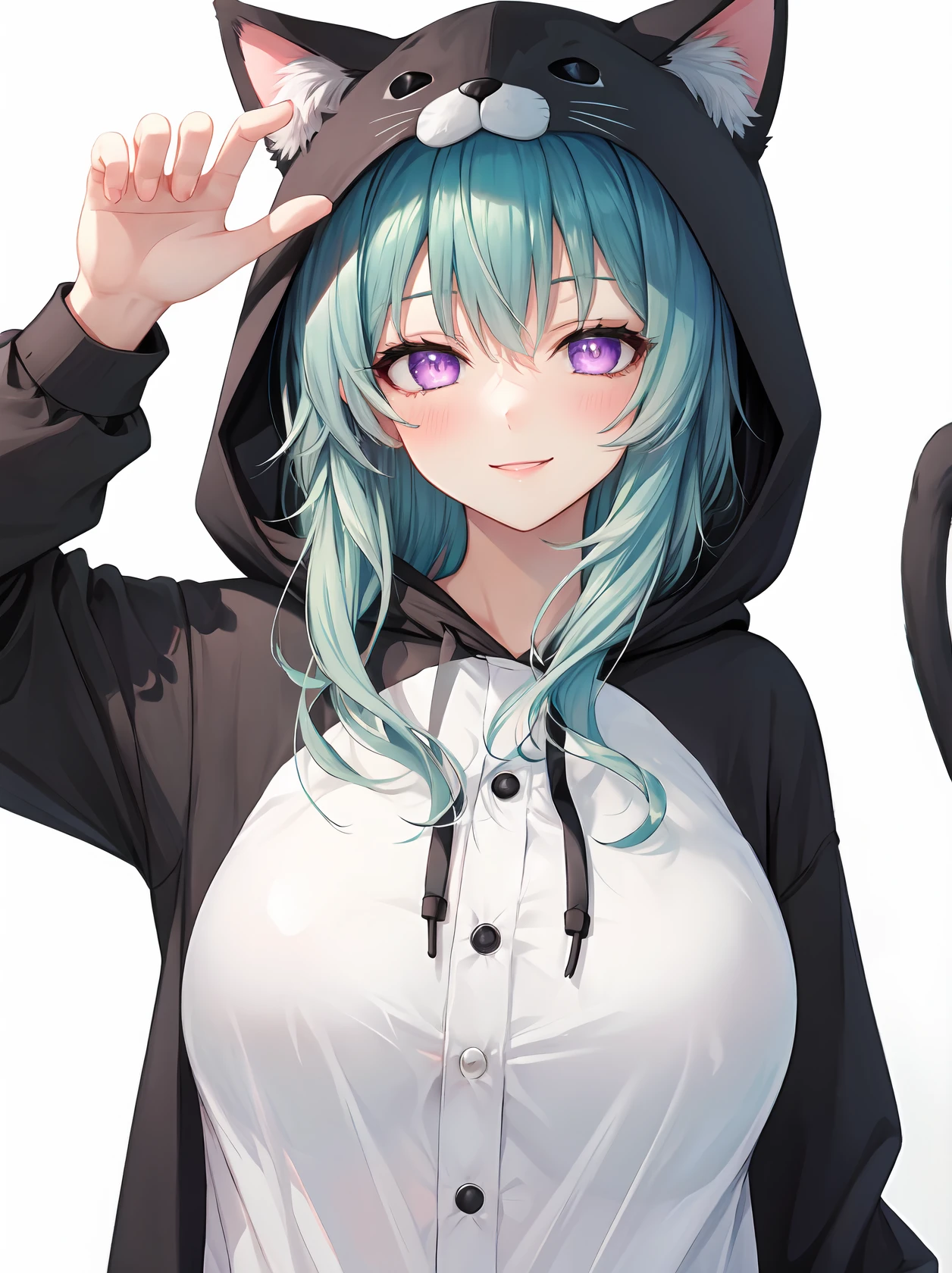 masterpiece, best quality, very aesthetic, ultra detailed, intricate details, 4k, anime style,
aigreen, 1girl, solo, blush, smile, purple eyes, symbol-shaped pupils, power symbol, green hair, long hair, very long hair, breasts, large breasts, bangs, halterneck,
PajamAnimal, animal ears, grey hair, cat ears, hood, hoodie, animal hood, animal costume, cat hood, cat costume, pajamas, cat tail,
upper body, looking at viewer, waving, waving arms, simple background, white background, <lora:Green_Heart_SD:1>, <lora:Concept_Pajamas:1>