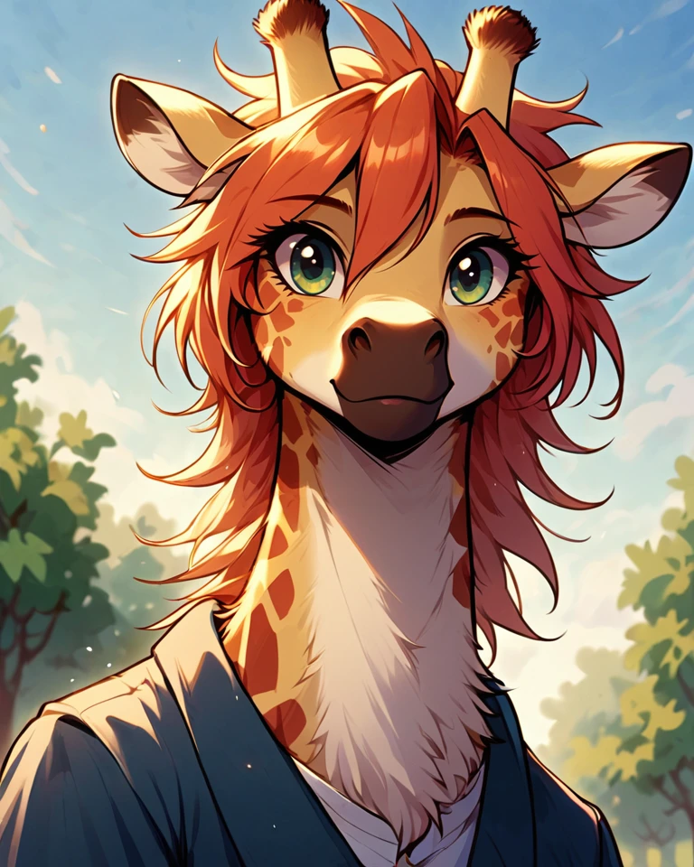 score 9, score 8 up, 1girl, masterpiece, <lora:MegaFluffyPonyV2:1> megafluffypony, fluffy, furry, Giraffe, medium shot, outdoors, clothes