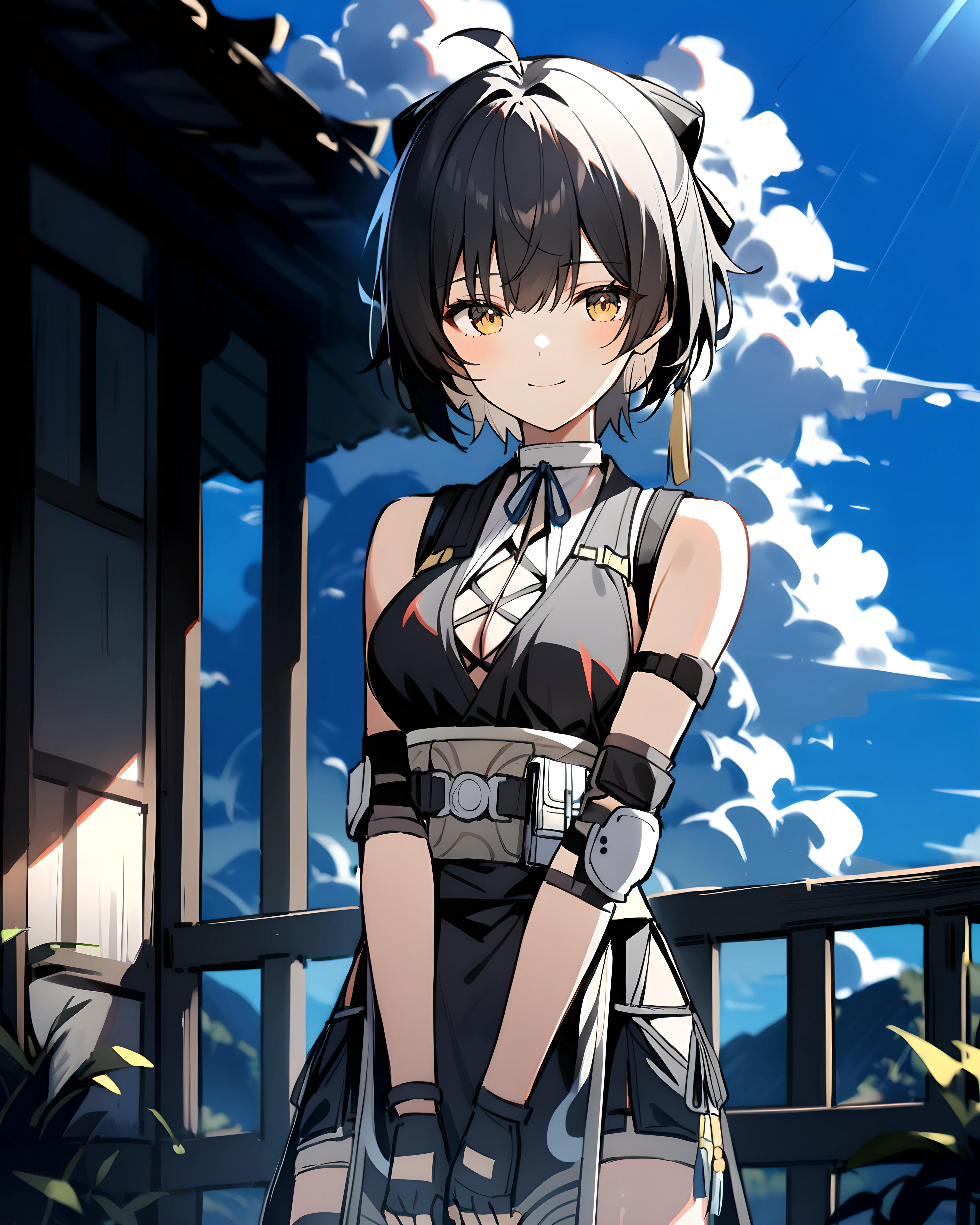 1girl, cowboy shot, standing, Female Rover, black dress, elbow pads, black gloves, closed mouth, smile, v arms, outdoors, cloud, blue sky, sunlight <lora:FM:0.6>