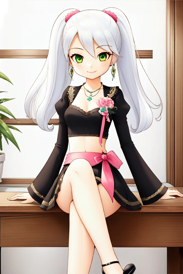 1 girl, indoors, desk, sitting, crossed legs, smile,
<lora:Harvest_Moon_Hero_of_Leaf_Valley_-_Alice:0.5> holvalice, white hair, twintails, pink scrunchies, green eyes, earrings, necklace,
black crop top, juliet sleeves, long sleeves, brooch, midriff, short skirt, black skirt, waist bow, pink bow, high heels,