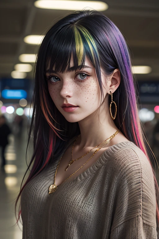 (realistic:1.1) cinematic lighting, beautiful and alluring, (19 year old 1girl, pale skin), freckles, portrait, (multicolored hair, rainbow dye:1.2), long hair, bangs, straight hair, (black sweater), (fine fabric emphasis, intricate details), gold chain necklace, realistic, depth of field, fcPortrait, (green eyes:0.8), parking lot, airport,