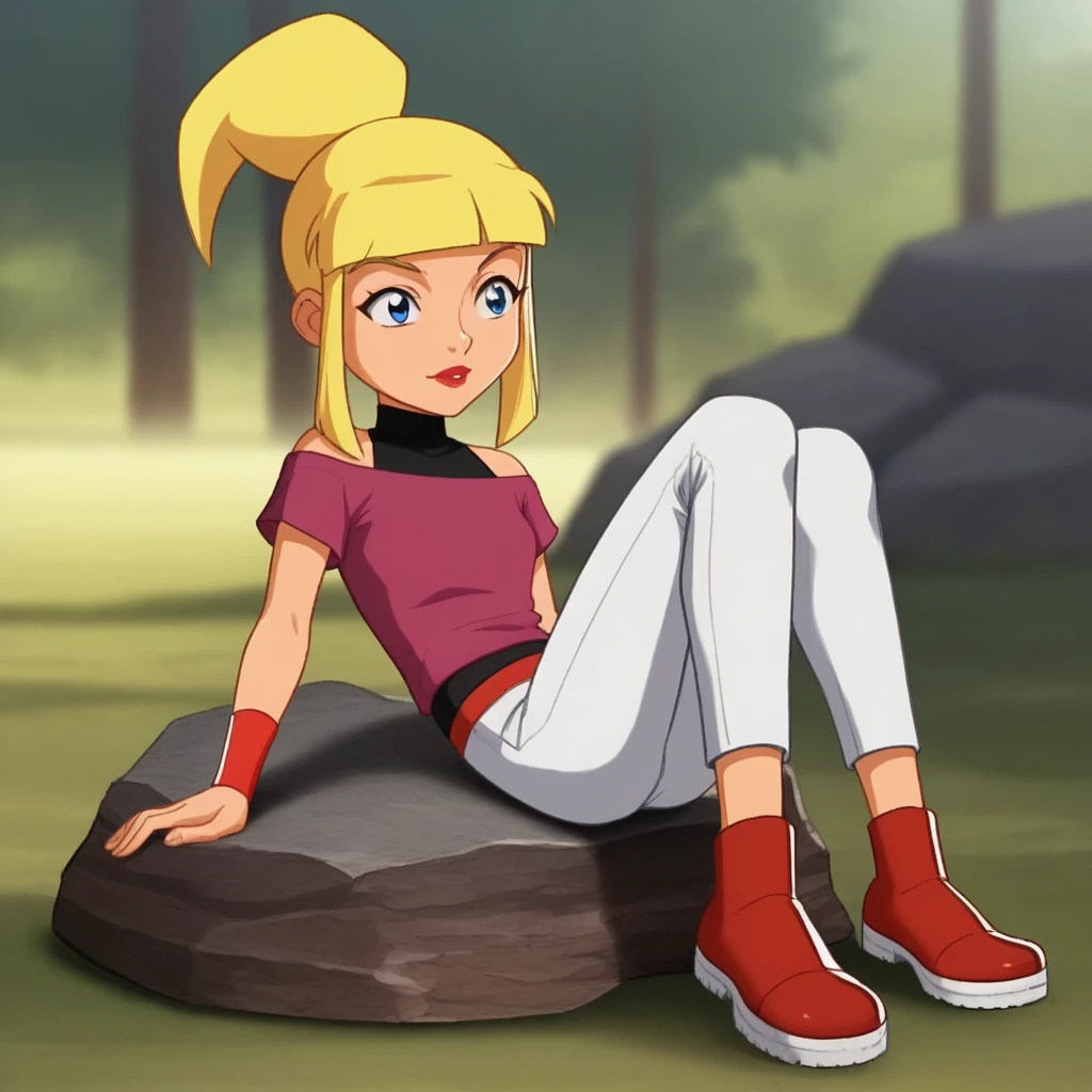 score_7_up, BREAK, 1girl, solo, Tami, blonde hair, high ponytail, blue eyes, lipstick, pink shirt, off shoulders, sleevess turtleneck, short sleeves, white pants, wristband, <lora:Tami_SpieZ_PXL_Leaf1:1>, sitting on rock, blurry background, red footwear,
