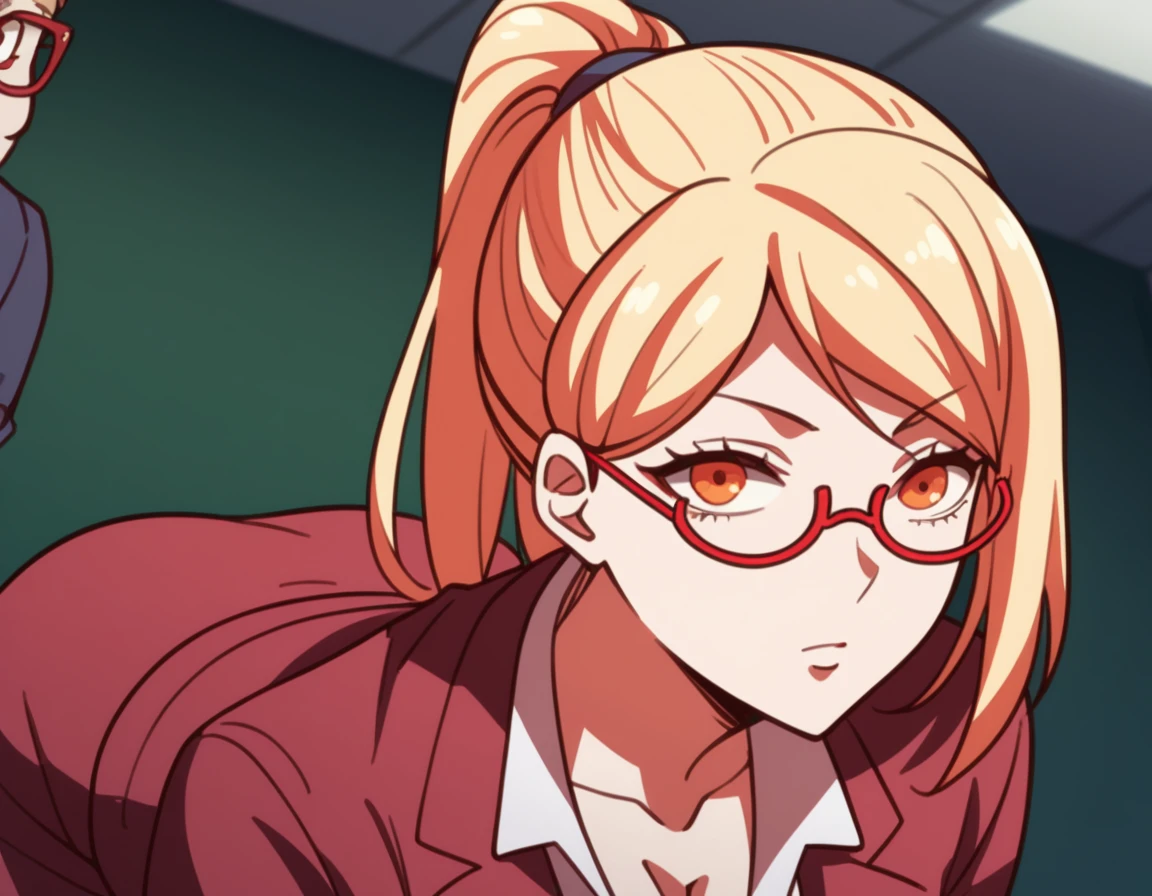 score_9, score_8_up, score_7_up, source_anime,
kaedeakiyama, <lora:kaede-akiyama-s1s2-ponyxl-lora-nochekaiser:1>,
kaede akiyama, blonde hair, ponytail, orange eyes, glasses, semi-rimless eyewear, red-framed eyewear,
skirt, shirt, long sleeves, cleavage, jacket, pantyhose, collared shirt, miniskirt, red skirt, formal, skirt suit,
indoors, office, bent over,
looking at viewer, dutch angle, cowboy shot, solo,