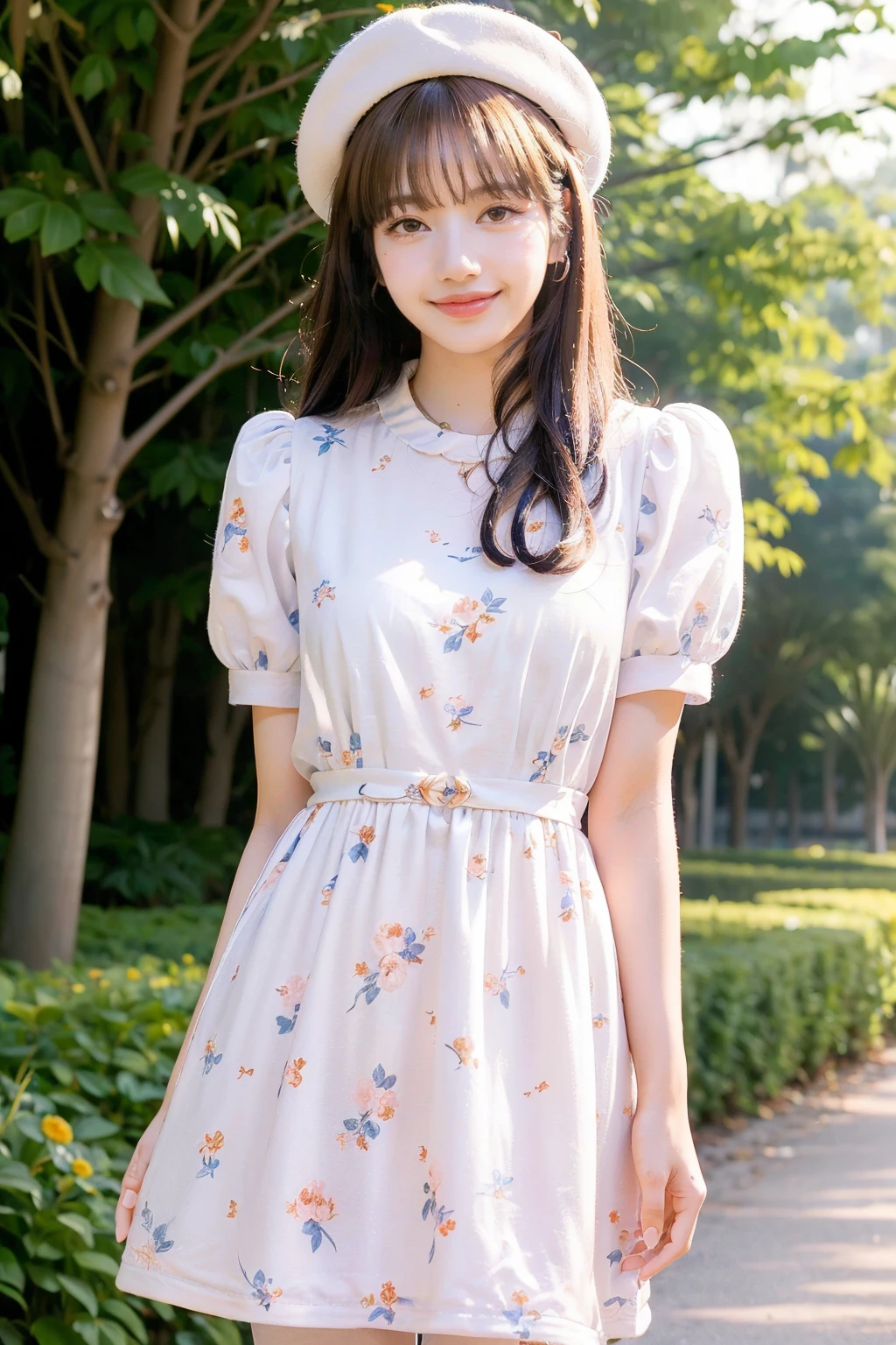 (best quality, photo realistic, hyper detail, sunlight ) 1girl,solo,brown hair,standing,outdoors,detailed skin,smile,pink collared dress short sleeve,bohemian flowers print,star necklace,cowboy shot,white beret,bokeh,lisa,<lora:Lisa-v1:0.9>,blunt bangs,bangs,