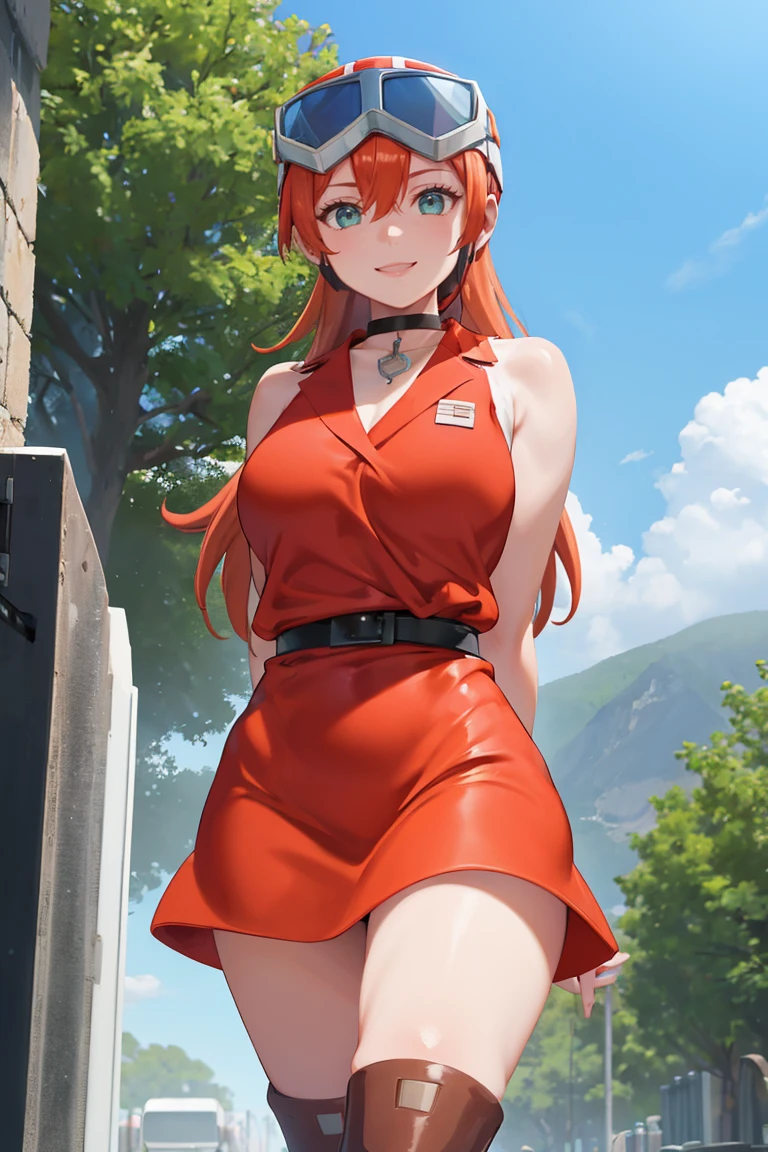 masterpiece, best quality, absurdres, 1girl, solo, RiimuStream, orange hair, aqua eyes, long hair, helmet, goggles on headwear, black choker, red dress, sleeveless, black belt, wristband, white boots, outdoors, arms behind back, smile, <lora:RiimuStream:1>