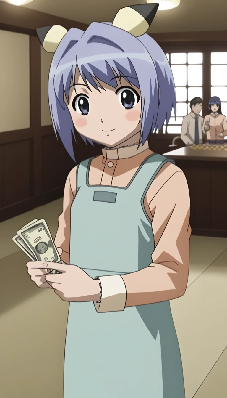 score_9, source_anime BREAK, oldest, anime screencap, indoors, living room,  day, sunlight,  <lora:Fuyuno Yoshikawa(pony)-11:1>FuyunoYoshikawa, short hair, blue hair, animal ears, pikachu, hair ornament, hair intakes, 
pinafore dress, aqua dress, shirt, light orange shirt,  long sleeves,  collared shirt, chibi, looking at viewer, pose, dollar bill, holding,  holding money, ((gold bar, gold bar  on floor)), happy,