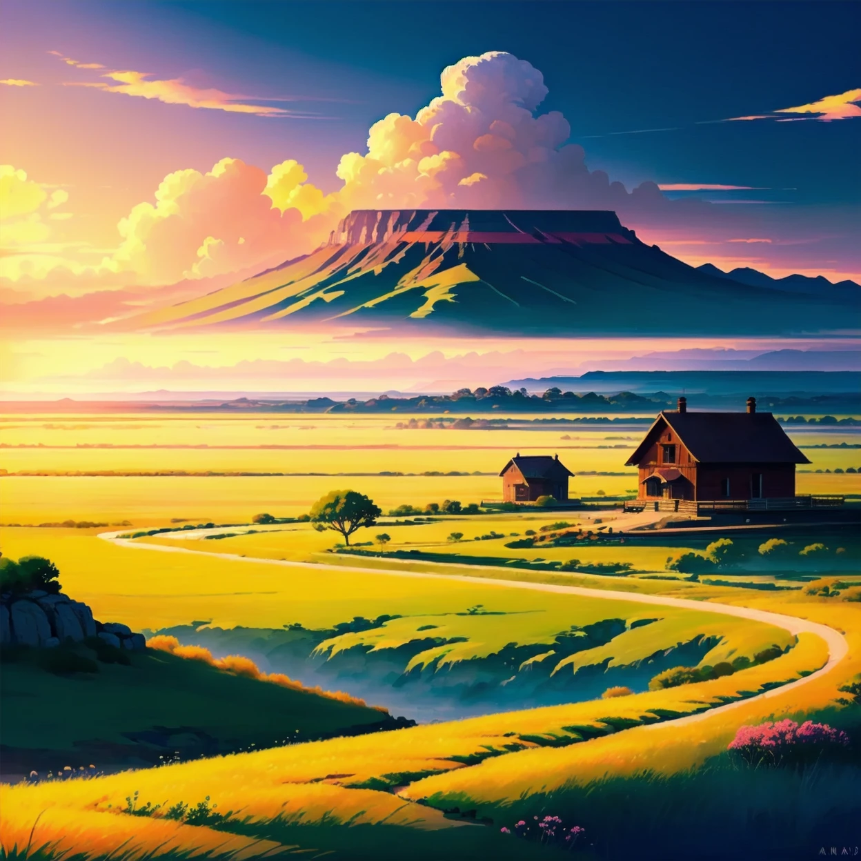 anime artwork (a sweeping epic landscape shot of a prairie), (with a single house in the distance), (during the day), (in a warm anime style), epic landscapes, <lora:Epic Landscapes-Anime:0.3> . anime style, key visual, vibrant, studio anime,  highly detailed