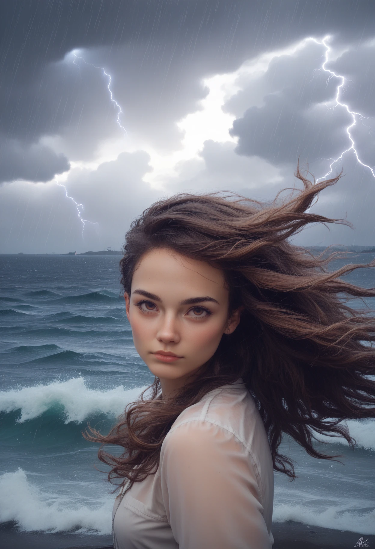 score_9_up, score_8_up, score_7_up, (flowing-hair), wind, ((extremely-long-hair)), 1girl, brown eyes, rain, storm, dark clouds, white mist, lightning, ocean, waves, zPDXL, <lora:HairFlowv1:0.6>