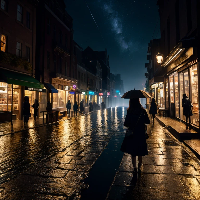 ((high details, high quality)), (natural appearance, skin imperfections), (professional photography, ultra realistic, HDR). A girl walks along the sidewalk of a city street. Passers-by, shop windows, the night sky flooded with moonlight. the atmosphere of mystery, dark tones, fog