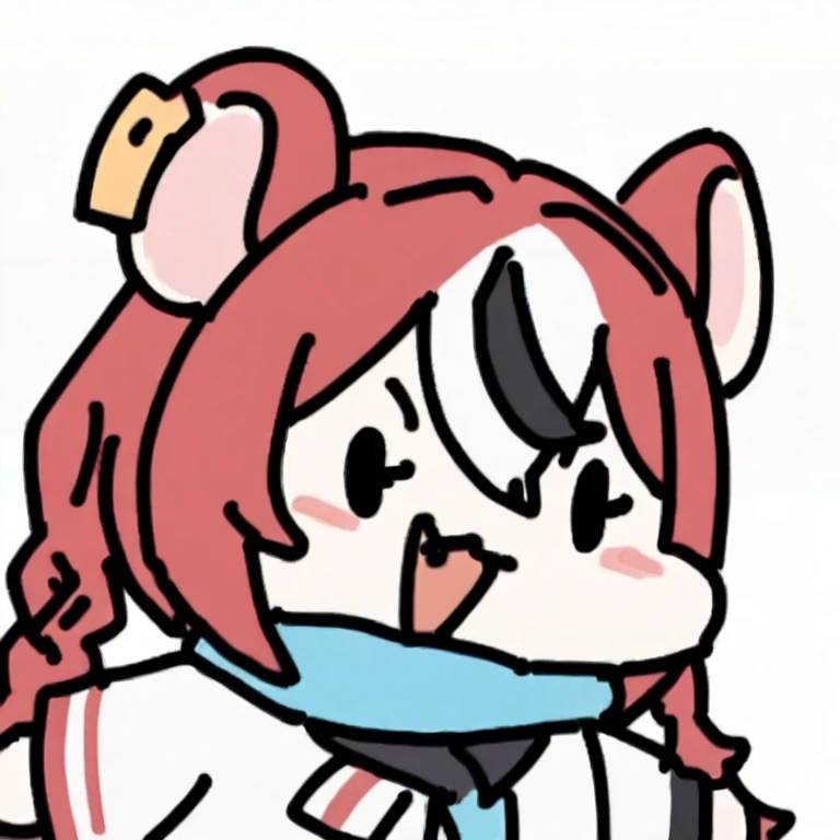 <lora:sechi:1>,1girl, animal ears, braid, blue eyes, hakos baelz,mouse ears, multicolored hair, solo, scarf, red hair, white hair, twin braids, virtual youtuber, simple background, blush stickers, white background, blue scarf, fang, black hair, masterpiece,newest,absurdres,safe,