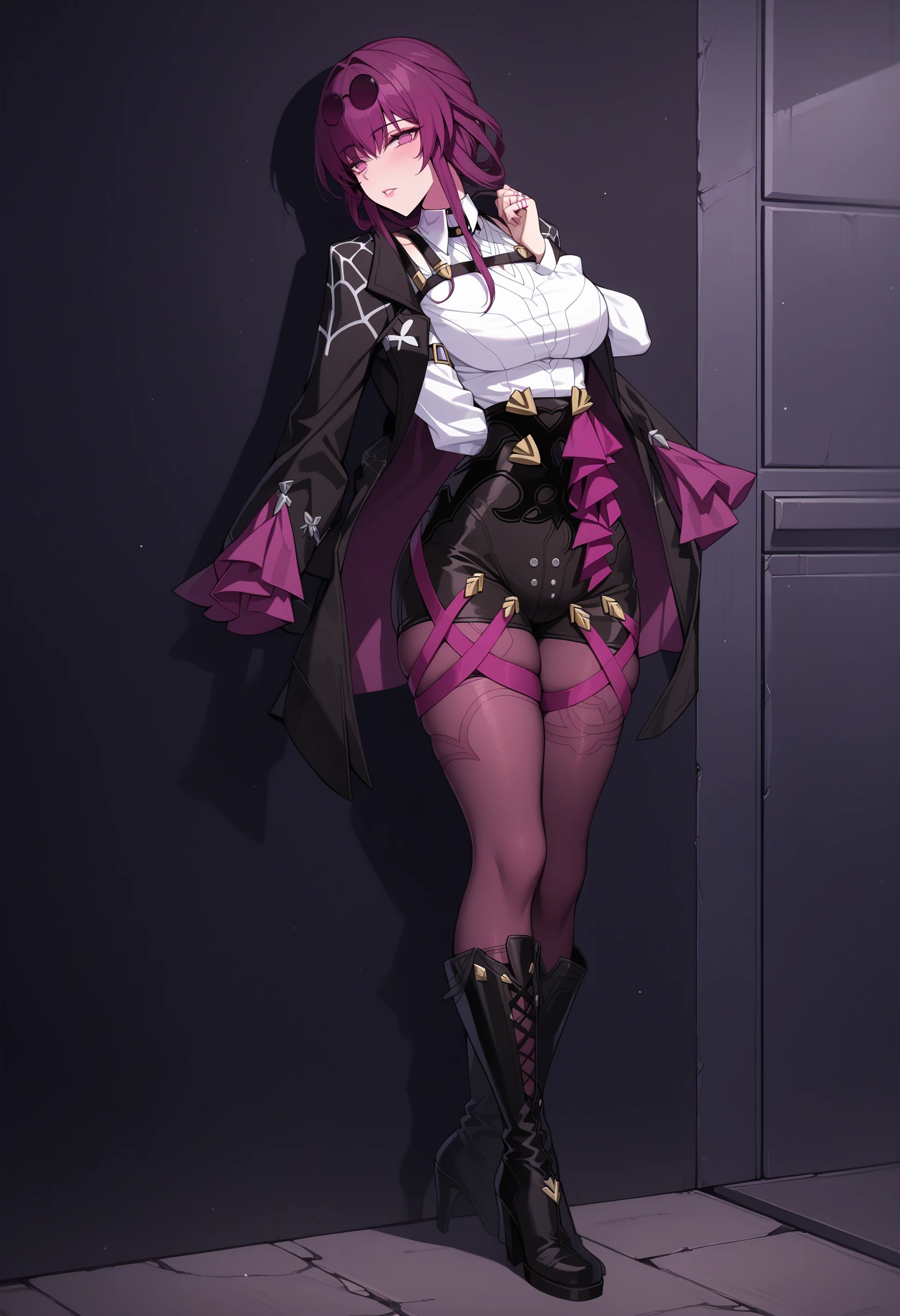 1girl, kafka, purple eyes, bangs, eyewear on head, collared white shirt, long sleeves, jacket on shoulders, black jacket, black shorts, pantyhose under shorts, criss-cross straps, thigh strap, purple pantyhose, thigh boots, knee boots, asymmetrical legwear, full body, against wall, arms behind back, masterpiece, best quality, <lora:Kafka_Animagine:1>