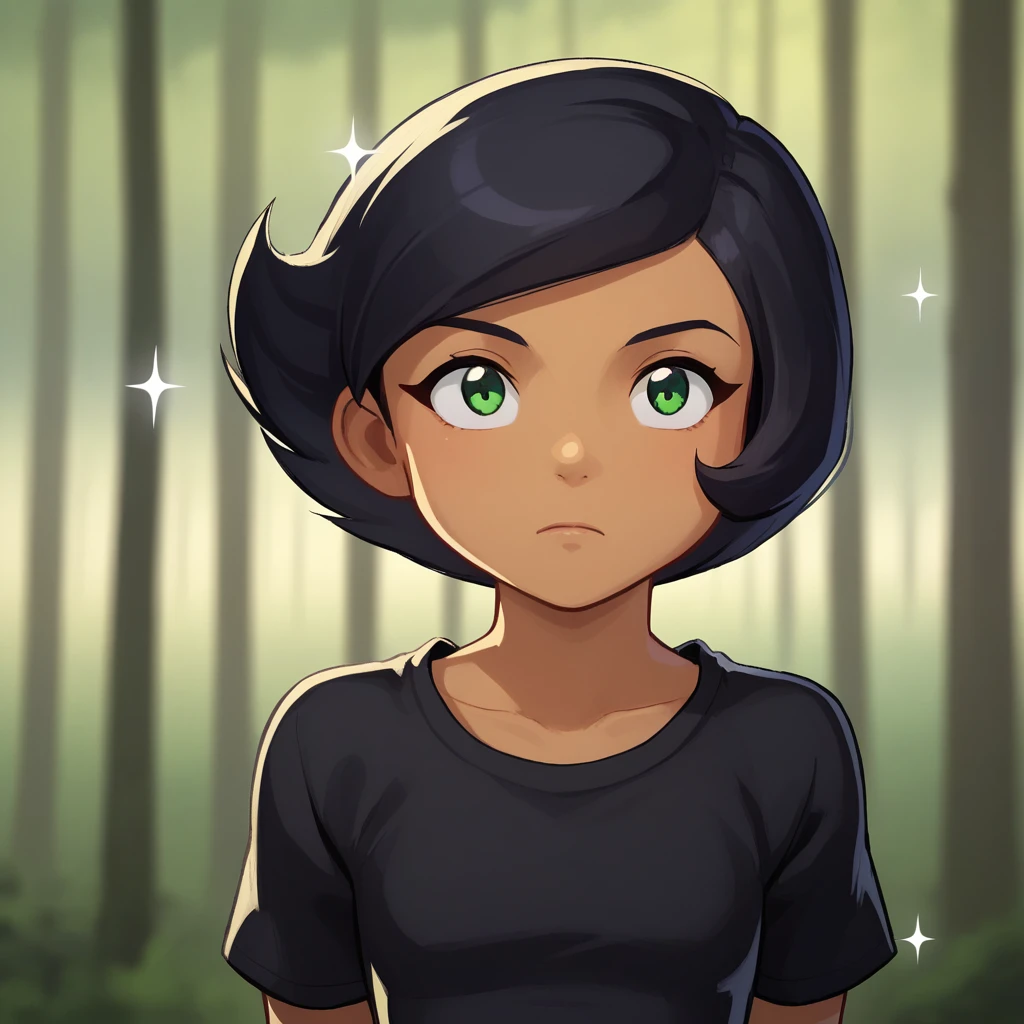 score_7_up, BREAK, 1girl, solo, Megan, black hair, short hair, green eyes,  tan, dark skin,  <lora:Megan_SpieZ_PXL_Leaf3:1>, upper body, black shirt, arms at sides, forest, blurry background, sparkle background,