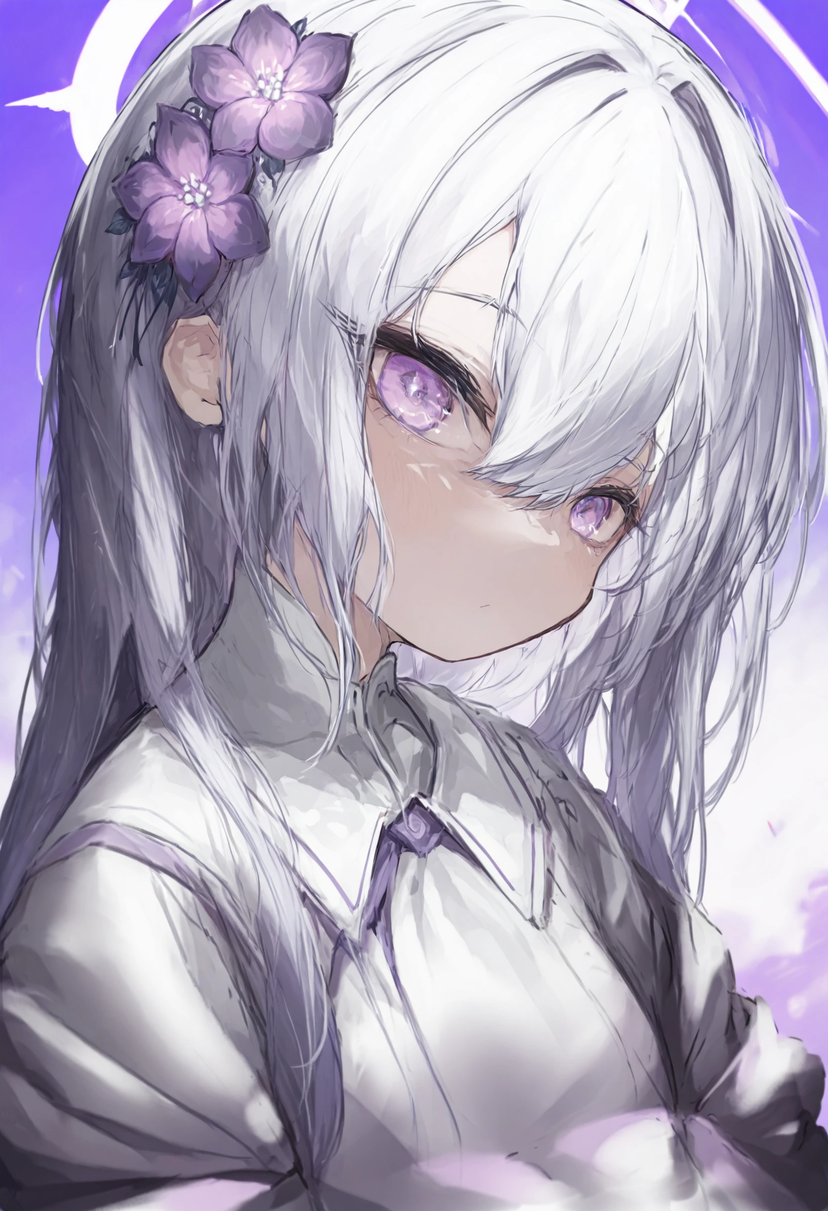 masterpiece, best quality,1girl, azusa (blue archive), hair ornament, hair flower, solo, flower, purple eyes, halo, :<, portrait, hair between eyes, white hair, bangs, looking at viewer, closed mouth, purple flower, long hair, crossed bangs
  <lora:gakuXLlokr4f2-000180:0.95>