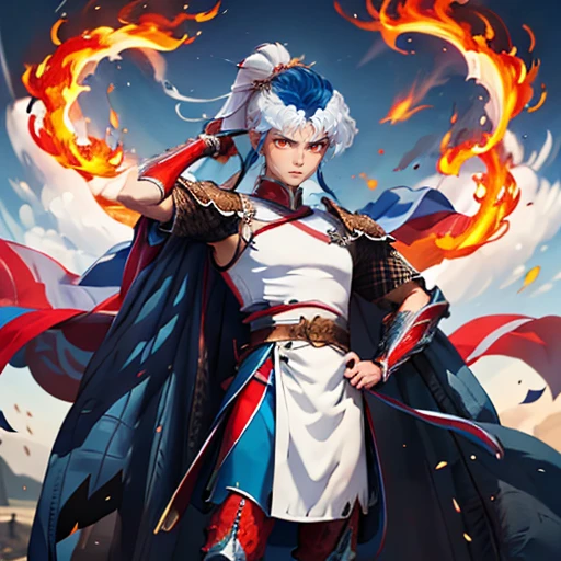 maleherb, 1boy, dragonboy, solo, long hair, looking at viewer, red eyes, dress, blue hair, ponytail, white hair, sidelocks, multicolored hair, cape, armor, two-tone hair, fire, shoulder armor, pauldrons, serious, <lora:maleherb-04:0.8>