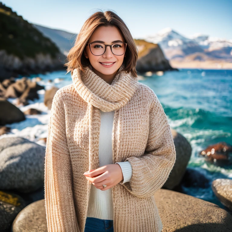 ((high details, high quality)), (natural appearance, skin imperfections), (professional photography, ultra realistic, HDR). a smiling woman in a sweater, scarf and glasses on the background of a landscape of sea rocks, (Slavik's appearance), (full-length), (Nikon 85 mm)