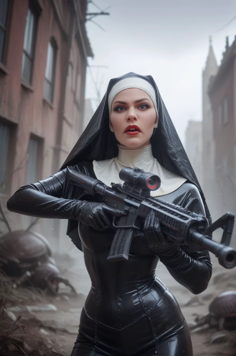 (score_9, score_8_up:1.1),score_7_up,24 year old kim possible dressed as a latex nun,beautiful woman,weapon,looking at viewer,(action:1.2),(shell casing:1.2),wasteland,alien environment,dark studio,rim lighting,<lora:add_detail:0.3>,<lora:The_Saints_from_Hitman_for_Pony-000009:0.8>,thesaints,nun,latex nun,assault rifle,<lora:Elven_cosplayer:0.6>,red lipstick,portrait,angry,shouting,