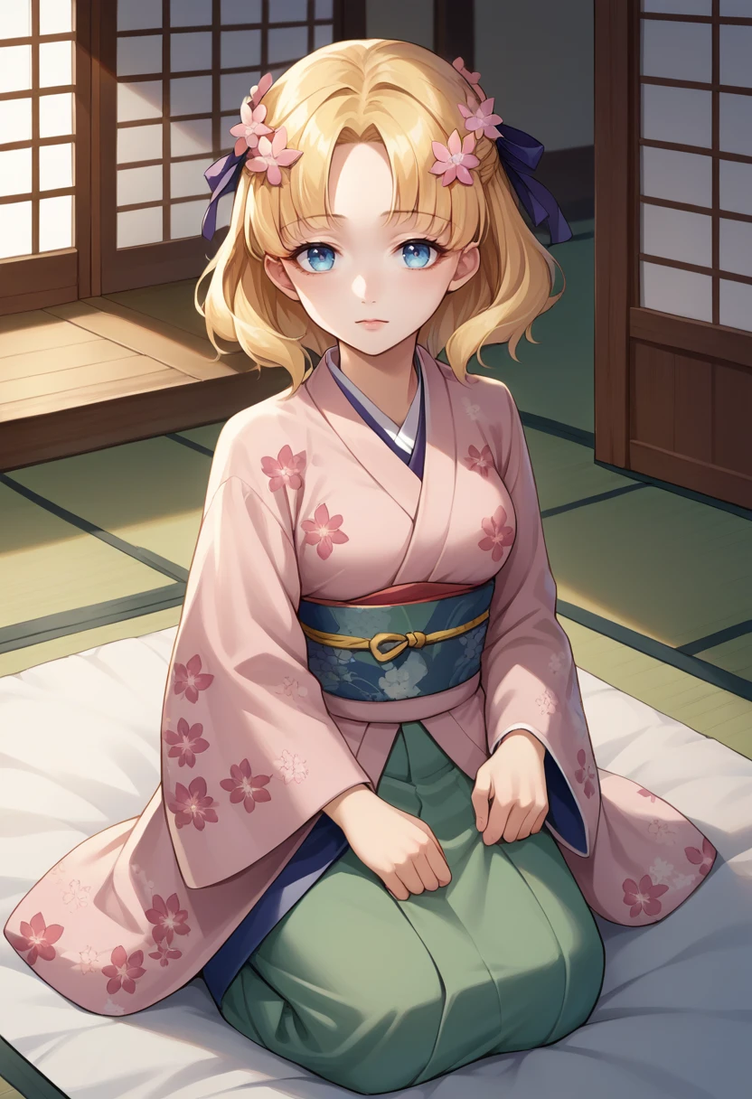 score_9, score_8_up, source_anime, 1girl, solo, MariaCampbell, medium hair, hair flower, hair ribbon, parted bangs, indoors, kimono, floral print, wariza, kneeling, <lora:ChamMariaCampbellPonyXL:1>