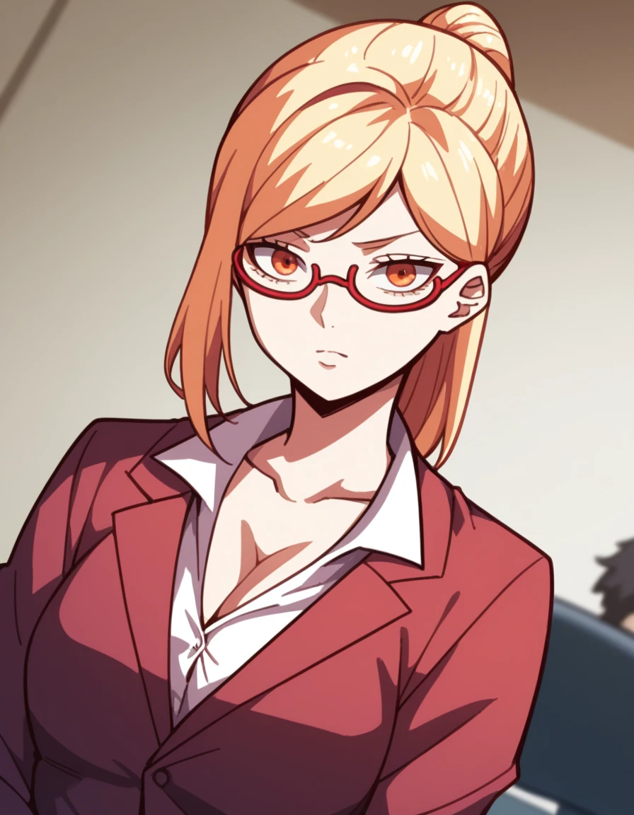 score_9, score_8_up, score_7_up, source_anime,
kaedeakiyama, <lora:kaede-akiyama-s1s2-ponyxl-lora-nochekaiser:1>,
kaede akiyama, blonde hair, ponytail, orange eyes, glasses, semi-rimless eyewear, red-framed eyewear,
skirt, shirt, long sleeves, cleavage, jacket, pantyhose, collared shirt, miniskirt, red skirt, formal, skirt suit,
indoors, office,
looking at viewer, dutch angle, cowboy shot, solo,