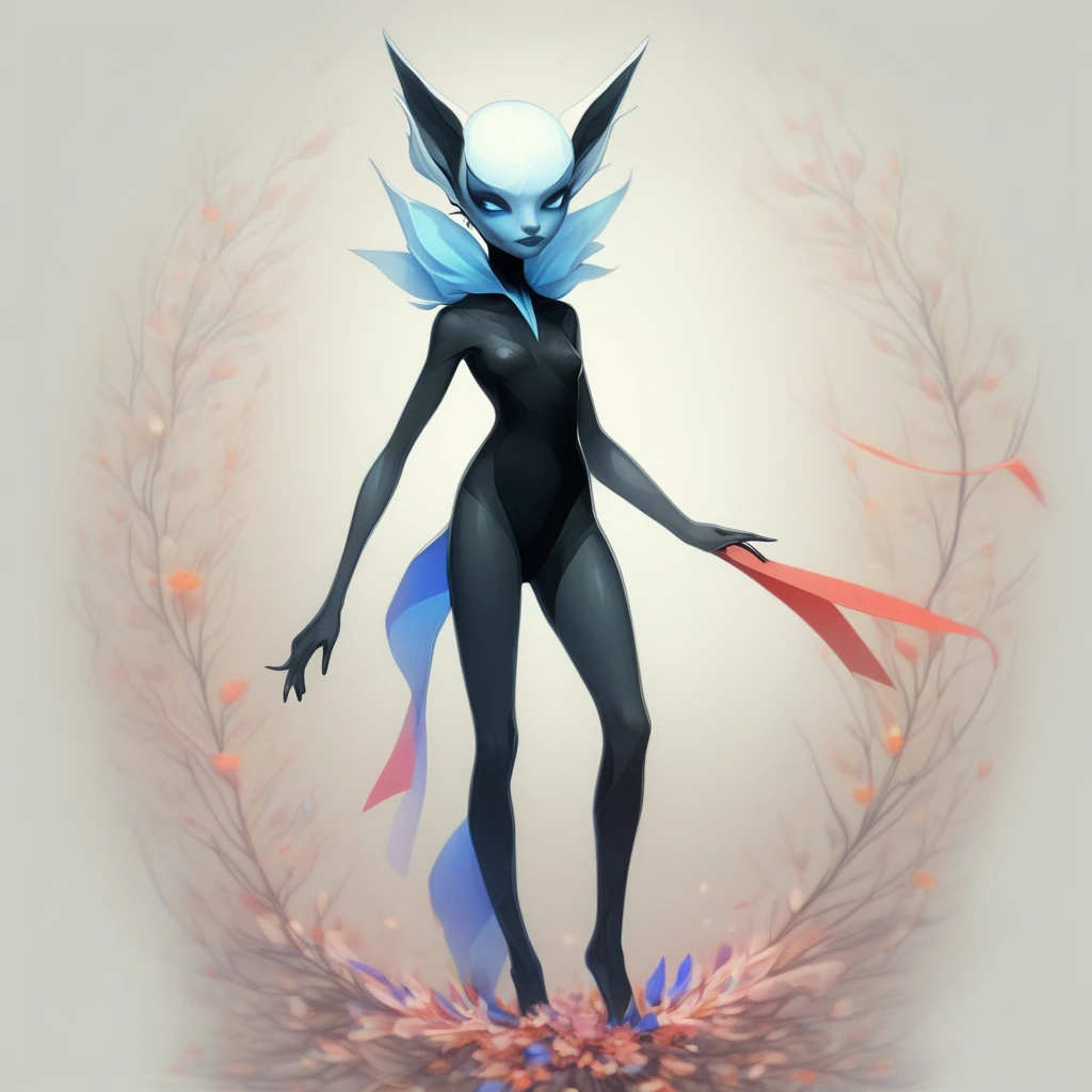 artmntlty, character concept, llustration, pointy ears, backlighting, full body, black bodysuit, black skin, 1other, petals, blue skin, solo, makeup, ribbon