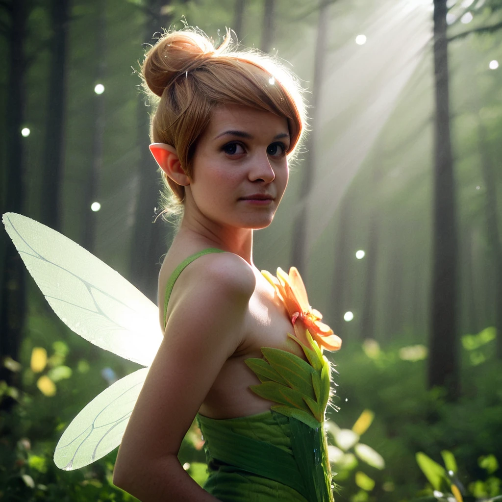 score_9, score_8, 1girl, solo, Tinkerbell flying through a fairy forest, dynamic lighting, fairy lights, god rays, realistic,