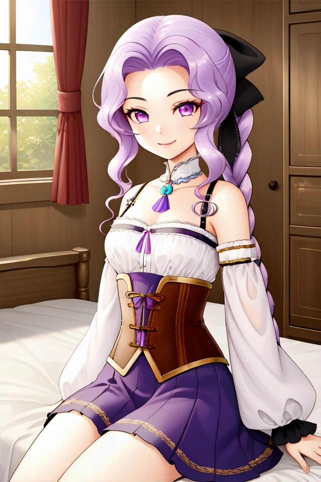 1 girl, indoors, sitting on bed, smile,
 <lora:Harvest_Moon_Hero_of_Leaf_Valley_-_Marina:0.5> holvmarina, purple hair, long hair, wavy hair, braided ponytail, purple eyes,
hair bow, corset, detached sleeves, bare shoulders, long skirt, purple skirt,